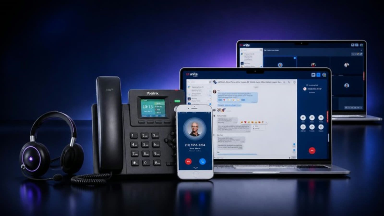 PABX em nuvem Net2phone: headset, telefone IP, celular e notebooks com a mesma linha da empresa