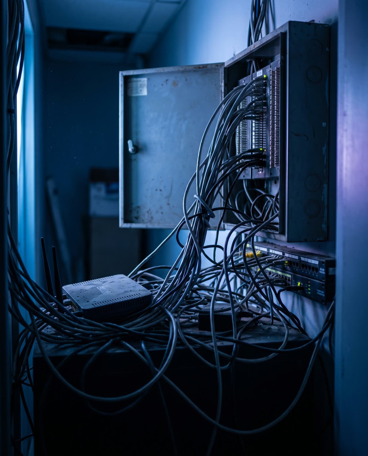 Cabos emaranhados e equipamento antigo em uma sala de telecom escura, iluminada por luz azul
